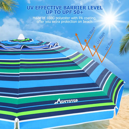 MOVTOTOP 6.5ft Beach Umbrella Striped Sun Shelter UV for Beach Travel