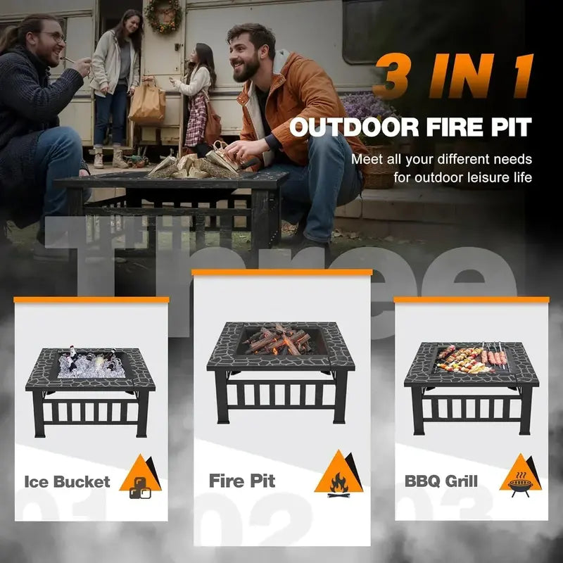 Devoko 32-Inch Weather-Resistant Fire Pit Table with Waterproof Cover for Outdoor Use