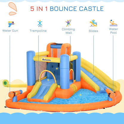 5-in-1 Inflatable Water Park for Kids — Slide, Bounce House, Climbing Walls, Dual Water Cannons & Splash Pool