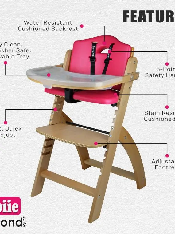 Brand Adjustable High Chair, Natural Wood & Dove Grey Cushion, Stain & Water Resistant, for Babies/Toddlers 6 Months+, Supports Up to 250 Lb