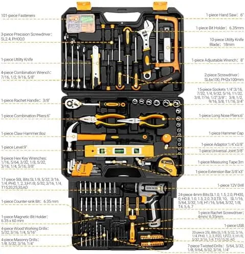 DEKOPRO 12V Cordless Drill & Tool Kit Box Set  Home Mechanic Combo with Storage Case