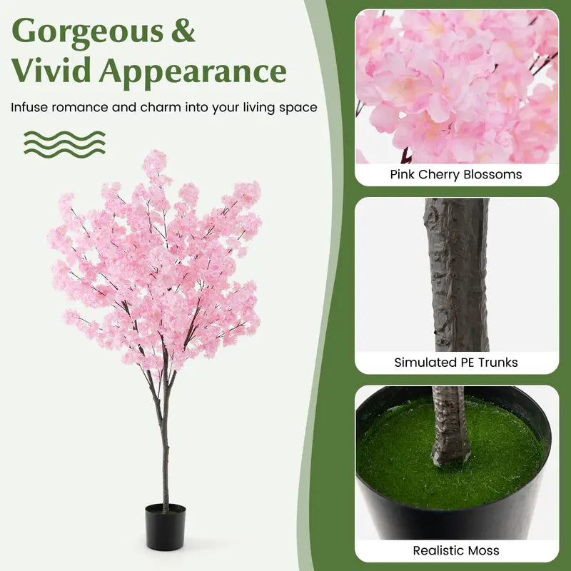 6.5-Foot Artificial Cherry Blossom Tree  Pink Blooming Faux Plant in Cement Planter