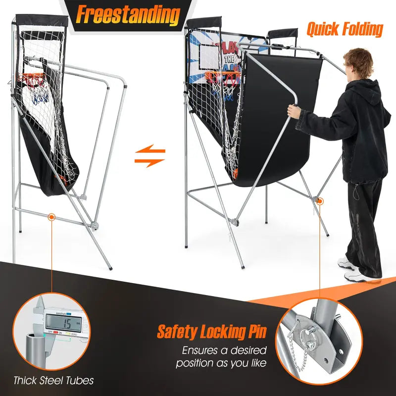 Dual-Shot Foldable Basketball Arcade Game  Indoor/Outdoor Electronic Hoop Machine with Dual Play Mode