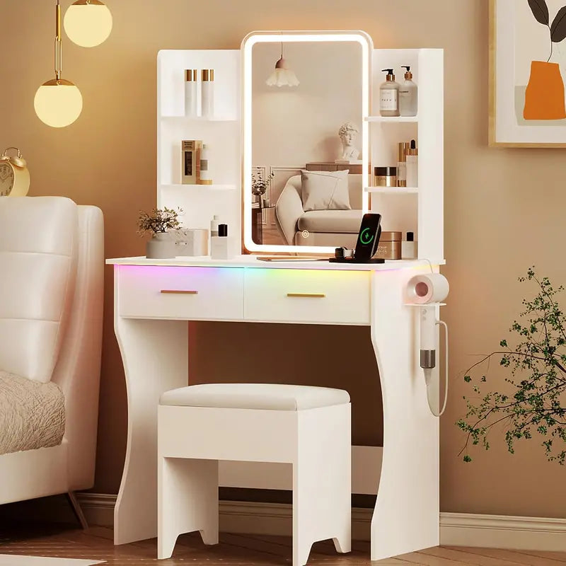 Compact LED Vanity Desk Set with Dimmable Mirror, Power Outlet, and Slim Profile