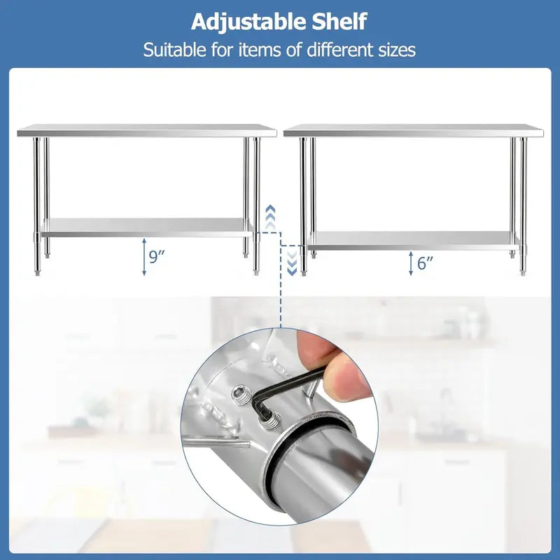 60-Inch Stainless Steel Rolling Kitchen Prep Table with Height-Adjustable Under-Shelf