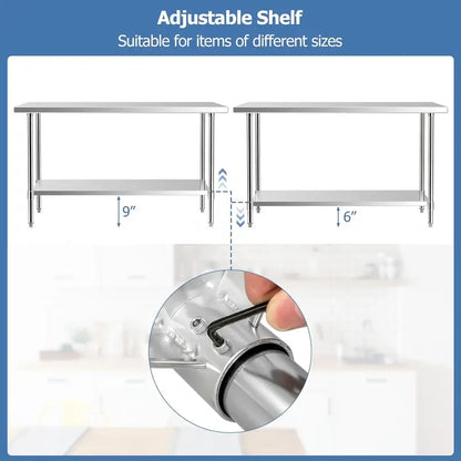 60-Inch Stainless Steel Rolling Kitchen Prep Table with Height-Adjustable Under-Shelf