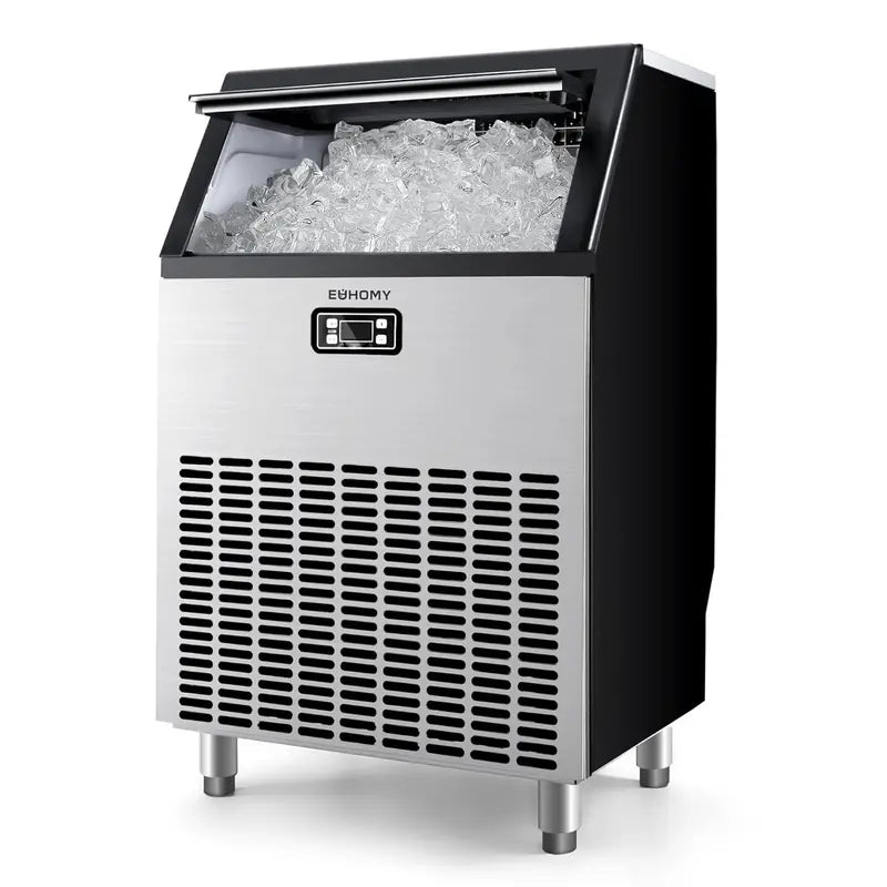EUHOMY Commercial Stainless Steel Ice Maker — 100 lbs/24H Production, 33 lbs Built-In Storage, Freestanding Undercounter Design