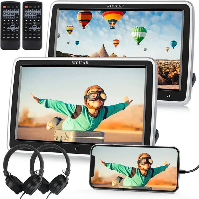 RICILAR 10.5-Inch Dual-Screen Car DVD Player  HD Playback, Multi-Format Support, Includes Mounts &amp; Headphones