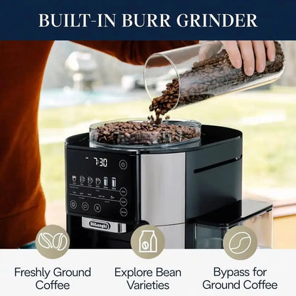 De’Longhi TrueBrew Drip Coffee Maker  Built-in Conical Burr Grinder, 6 Customizable Brew Sizes, 5 Specialty Profiles, Stainless Steel Finish