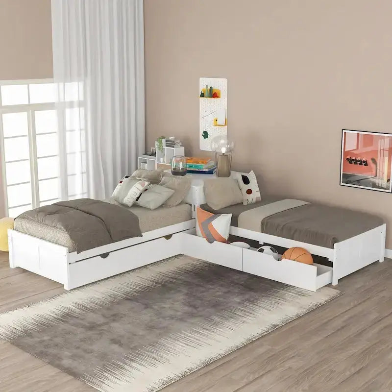 Contemporary White L-Shaped Twin Platform Bed with Built-in Trundle and Storage Drawers