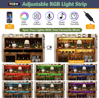 LED-Illuminated Wine & Liquor Bar Cabinet  Multi-Function Coffee Bar with Glass Holders & Buffet Storage