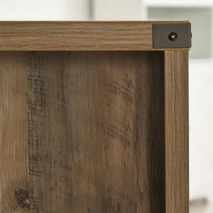 Dark Brown Oak Wine & Coffee Bar Cabinet  Sliding Barn-Door Sideboard with Drawers, Racks, and Distressed Finish