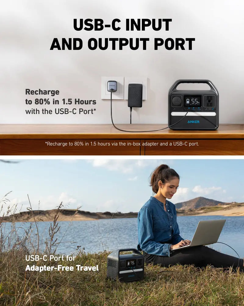 Anker 521 Portable Power Station 256Wh, LiFePO4 Battery, 600W Output, USB-C, 6 Ports, Durable Design
