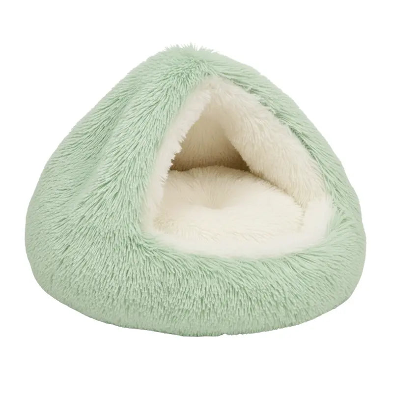 Cozy Hooded Round Pet Bed with Plush Faux Fur Cover for Cats and Small Dogs