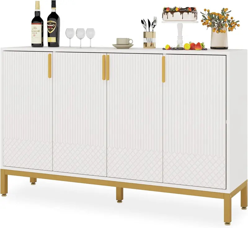 59-Inch Luxury Black-and-Gold Buffet Cabinet with 4 Doors, Coffee Bar Storage for Dining or Living Room