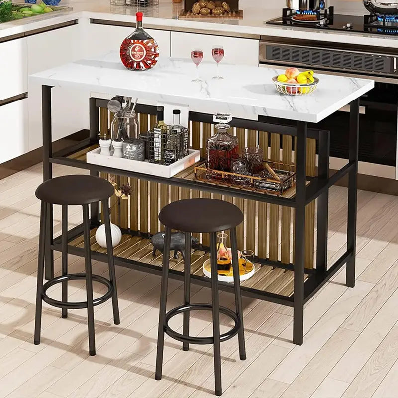 Modern Faux Marble Kitchen Island with Seating & Storage  Compact Bar Table Set for Small Spaces