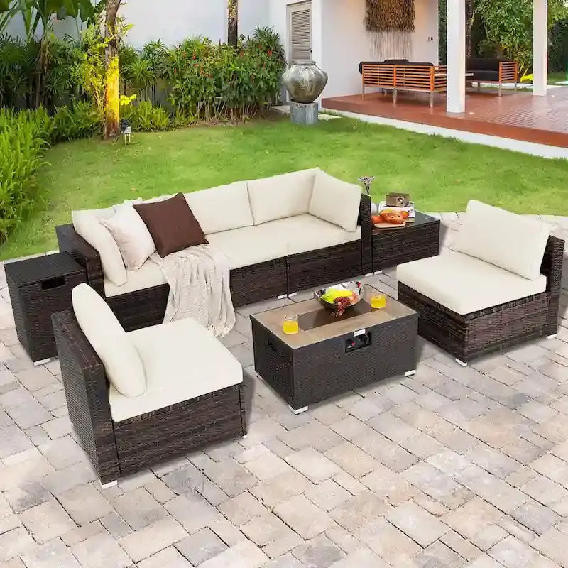 8-Piece Rattan Patio Furniture Set Featuring Fire Pit Table and Tank Cover