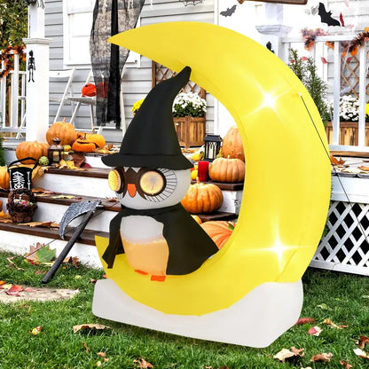 5.1 ft Pre-Lit Halloween Inflatable  Owl on the Moon Decor with Witch Hat & Integrated LED Lights