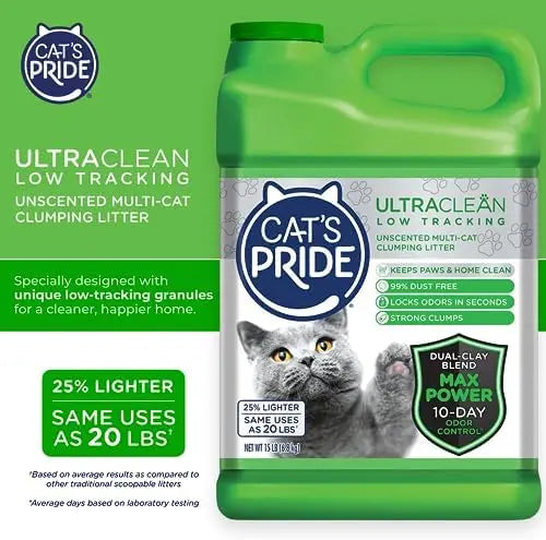 Cat’s Pride Max Power: UltraClean Low-Tracking Clumping Litter  99% Dust-Free, Unscented, 15 lbs  10 Days Odor Control