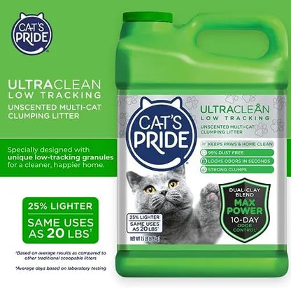 Cat’s Pride Max Power: UltraClean Low-Tracking Clumping Litter  99% Dust-Free, Unscented, 15 lbs  10 Days Odor Control