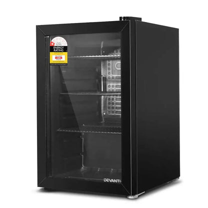 Devanti 70L Glass-Door Bar Fridge  Illuminated Black Mini Refrigerator