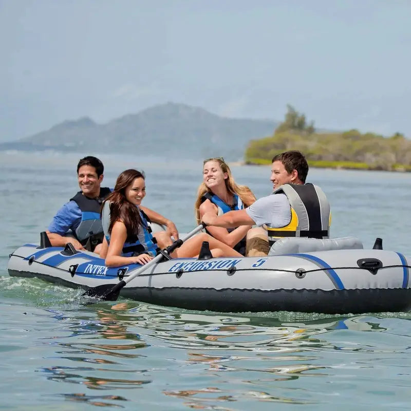 Excursion Inflatable Fishing Boat  SuperTough PVC, Adjustable Backrest Seats, Rod Holders, Welded Oar Locks, Includes High-Output Pump & Oars