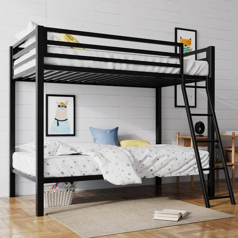 SHA CERLIN Twin-over-Twin Loft Bed Featuring Integrated Ladder and Protective Guardrail