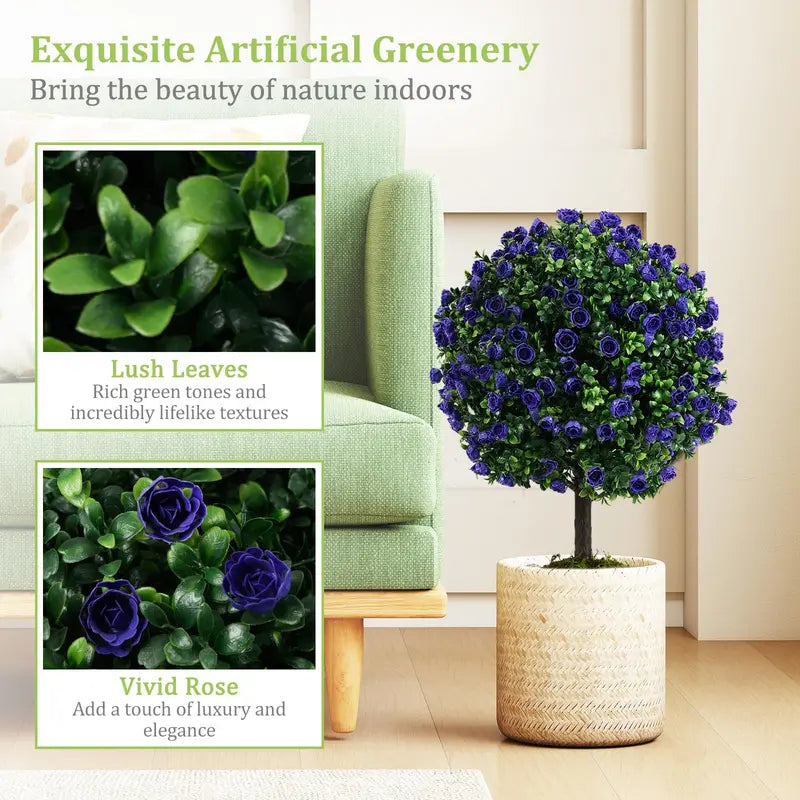 Set of 2 Artificial Purple Rose Topiary Balls  22-Inch Faux Shrub Arrangements in Decorative Pots