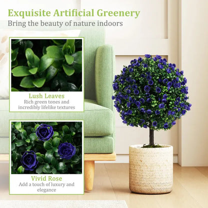 Set of 2 Artificial Purple Rose Topiary Balls  22-Inch Faux Shrub Arrangements in Decorative Pots