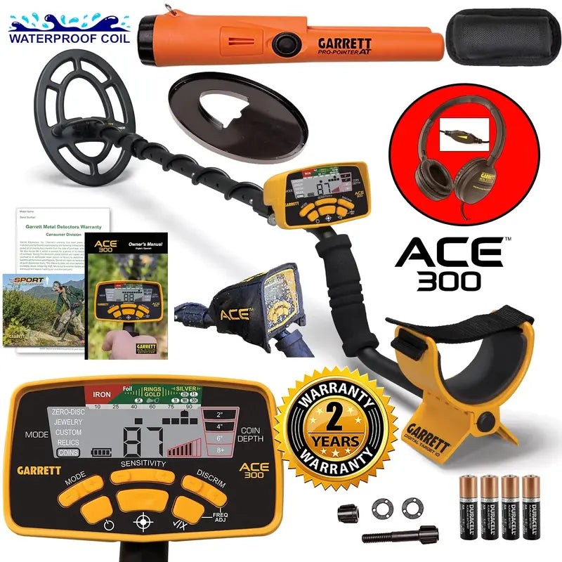 Garrett ACE 300 Metal Detector with 7″x10″ Waterproof Coil, Pro-Pointer AT, and Headphones