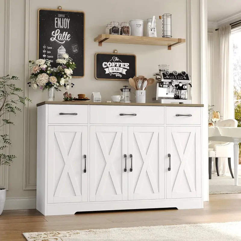 55-Inch Farmhouse-Style Buffet Cabinet with Drawers, Shelves, and Four Doors  White Rustic Kitchen Storage