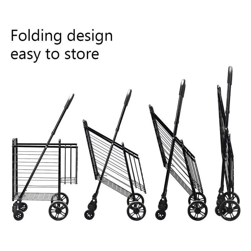 Dual-Basket Folding Utility Cart  Compact Shopping Trolley with 360° Swivel Wheels