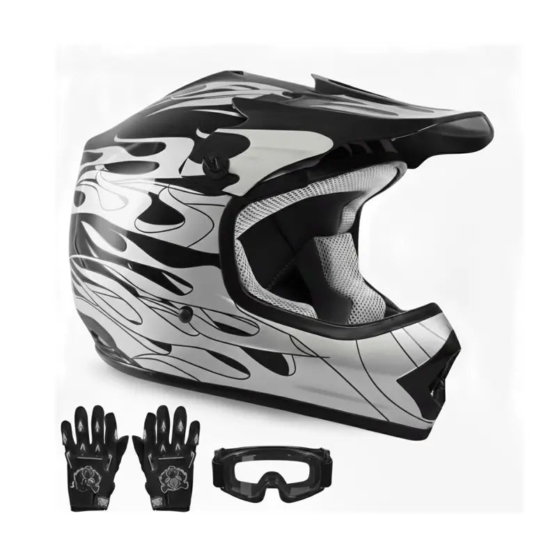Youth Motorcycle Helmet Set Featuring Full-Face Protection, Goggles & Gloves