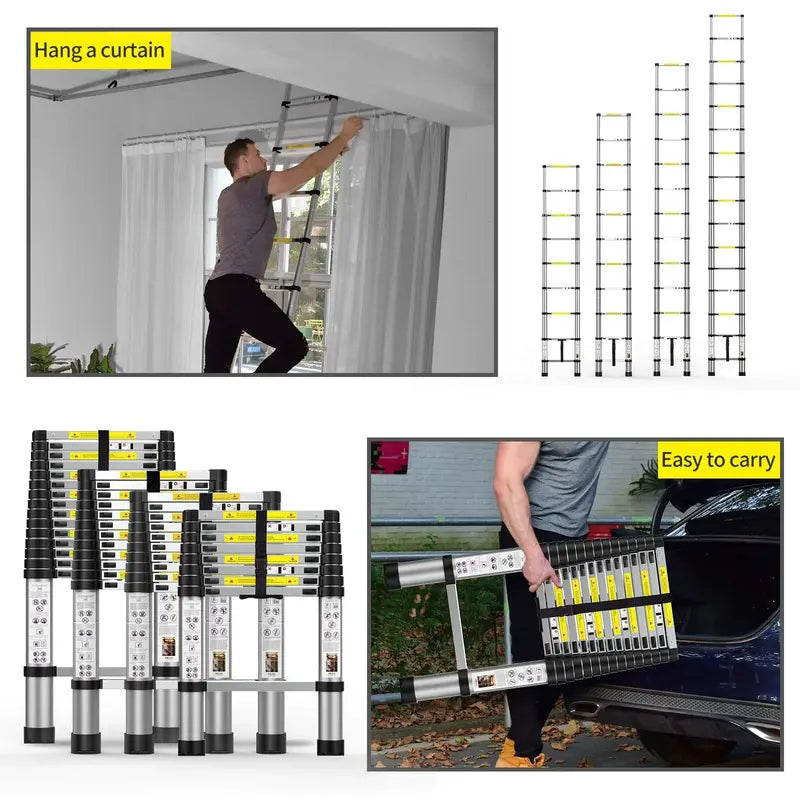 BOWEITI Telescoping Aluminum Extension Ladder 15.5FT, 330 lb Capacity, Adjustable Height, Includes Carry Bag & Gloves