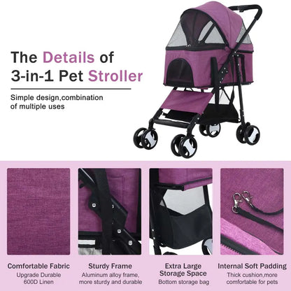 Pet Gear 3-in-1 Folding Pet Stroller with Detachable Carrier, Purple, 44lb Capacity