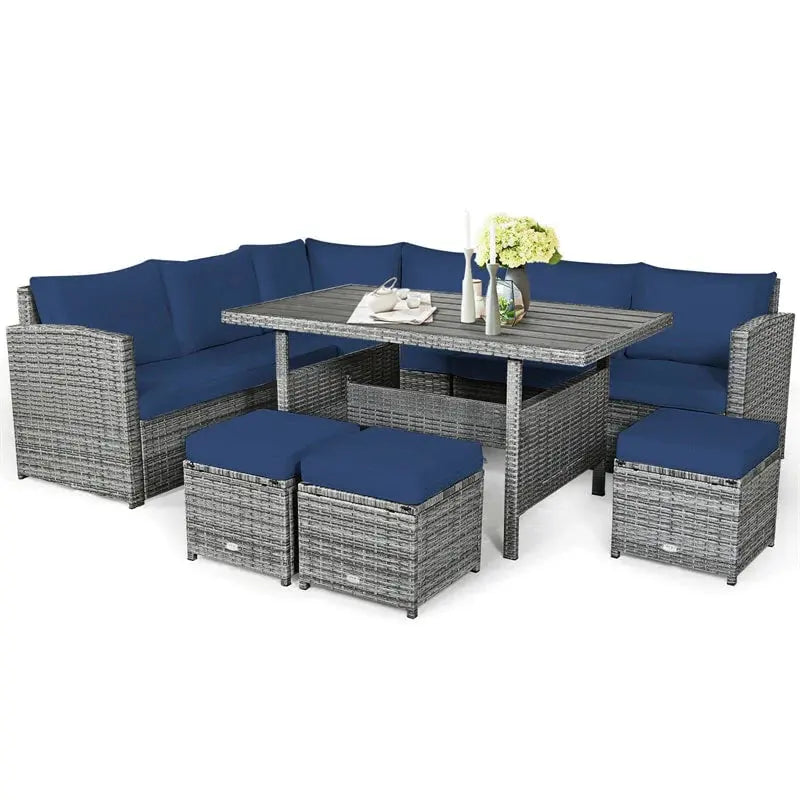 7-Piece Resin Wicker Outdoor Sectional Set  Rattan Sofa Group with Dining Table, Ottomans, and Weather-Resistant Cushions
