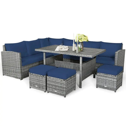 7-Piece Resin Wicker Outdoor Sectional Set  Rattan Sofa Group with Dining Table, Ottomans, and Weather-Resistant Cushions