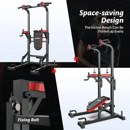 Pooboo Adjustable Power Tower  Dip Station, Pull-Up Bar & Ab Board