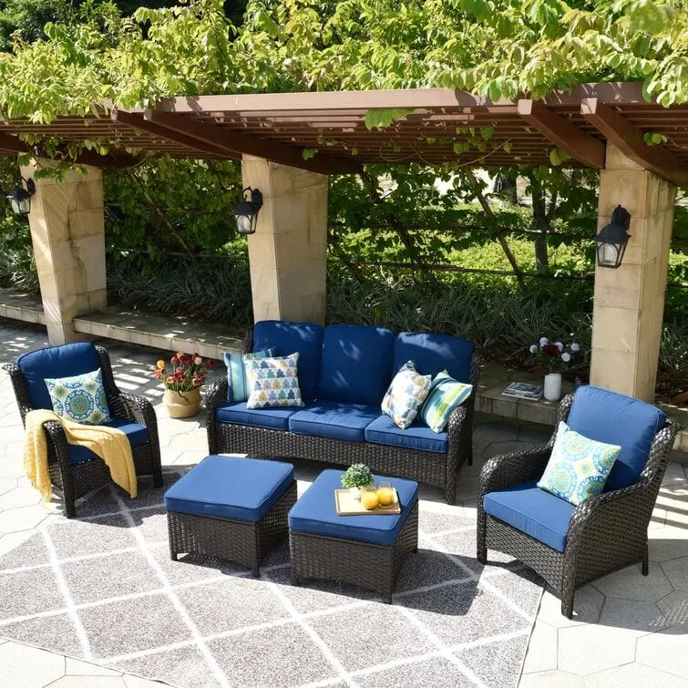 Latimer Wicker 5-Piece Seating Set  All-Weather Rattan Lounge Group with Cushions