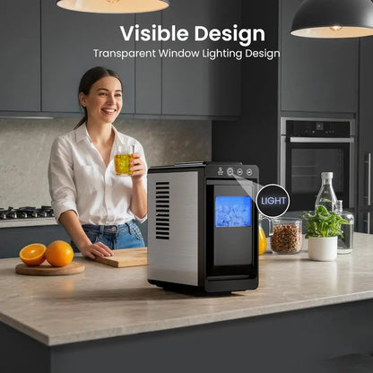 Kismile Countertop Ice Maker  26 lb/Day, Adjustable Ice Size, Internal LED Lighting, Self-Cleaning Function for Kitchen or Bar