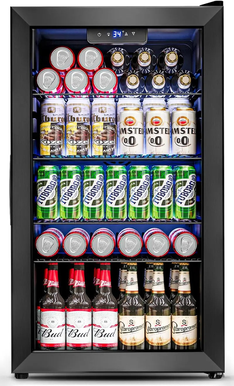 126-Can Beverage Cooler with Tempered Glass Door  Mini Fridge for Soda, Beer & Wine