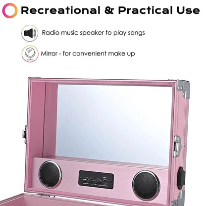 Byootique Portable Nail & Makeup Station  Pink Desk with Mirror, 4 Drawers, Bluetooth, USB Ports