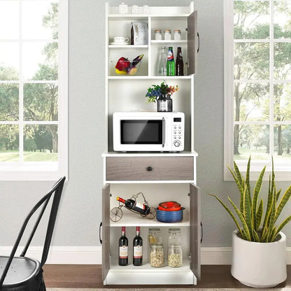 71-Inch White Freestanding Pantry Cabinet with Hutch, Microwave Stand, Adjustable Shelves, and Drawer—Versatile Storage for Kitchens and Dining Rooms