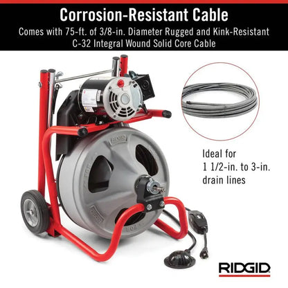 RIDGID K-400 Drain Cleaning Snake Auger 120-Volt Drum Machine with C-32IW 3/8 in. x 75 ft. Cable + 4-Piece Tool Set &amp; Gloves 52363