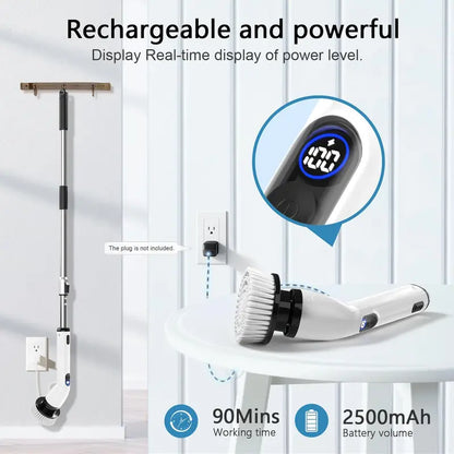 Cordless Electric Spin Scrubber  IPX7 Waterproof, LCD Display, Adjustable Handle & Multi-Surface Cleaning Brush