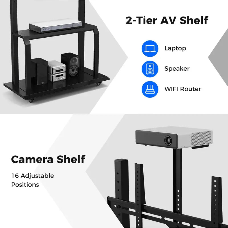 Rolling TV Stand with Camera Shelf and AV Storage Compartments