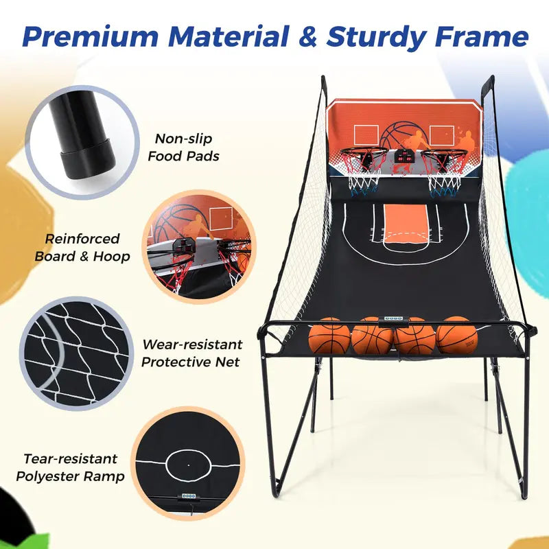 Foldable Dual-Lane Basketball Arcade Game with LCD Score Display and 4 Game Balls