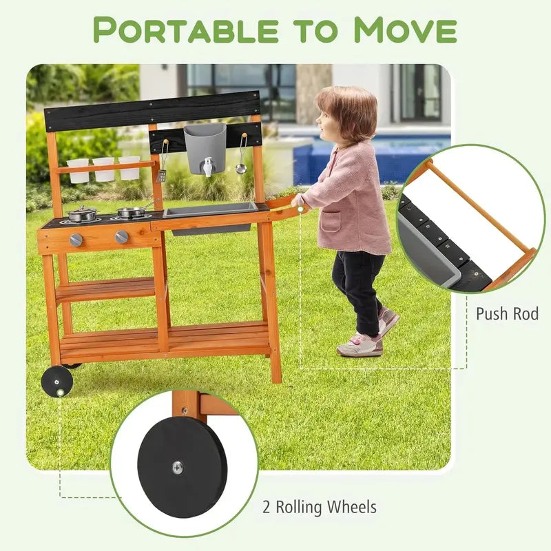 OLAKIDS Outdoor Mud Kitchen Playset  Rolling Wooden Kids’ Cooking Station with Removable Sink, Accessories, and All-Terrain Wheels for Ages 3+