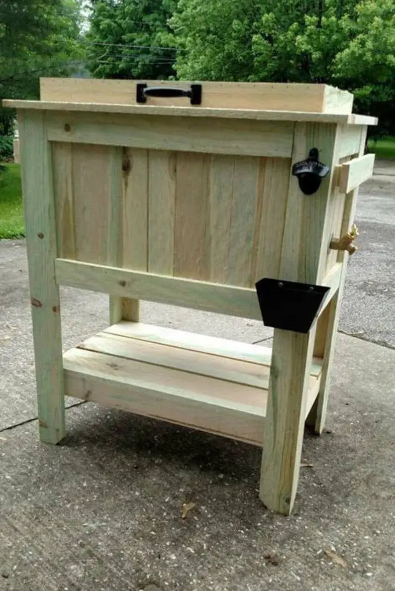 All-Weather 48-Quart Cedar-Look Cooler Stand  Antique-Finish Outdoor Beer Cooler with Brass Drain, Bottle Opener & Cap Catcher