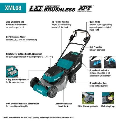 Makita 21 in. 18-Volt X2 (36-Volt) LXT Lithium-Ion Cordless Walk Behind Self Propelled Lawn Mower Kit with 4 Batteries (5.0 Ah) XML08PT1